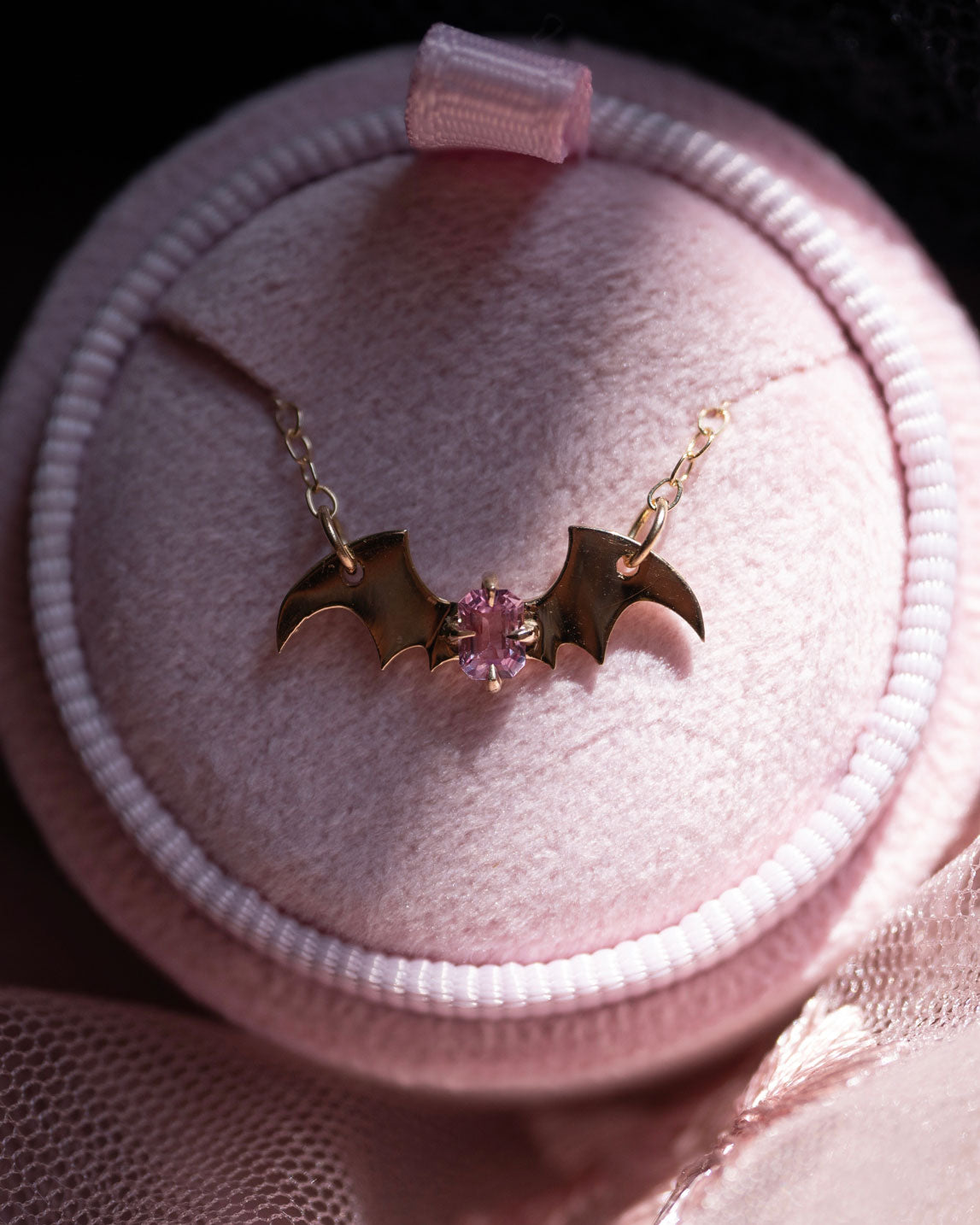 Solid Gold Pink Diamond Bat Pendant Necklace