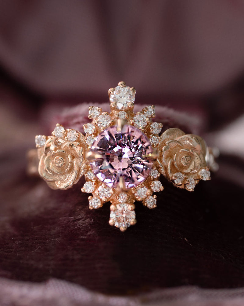 floral engagement ring in pink sapphire and diamonds